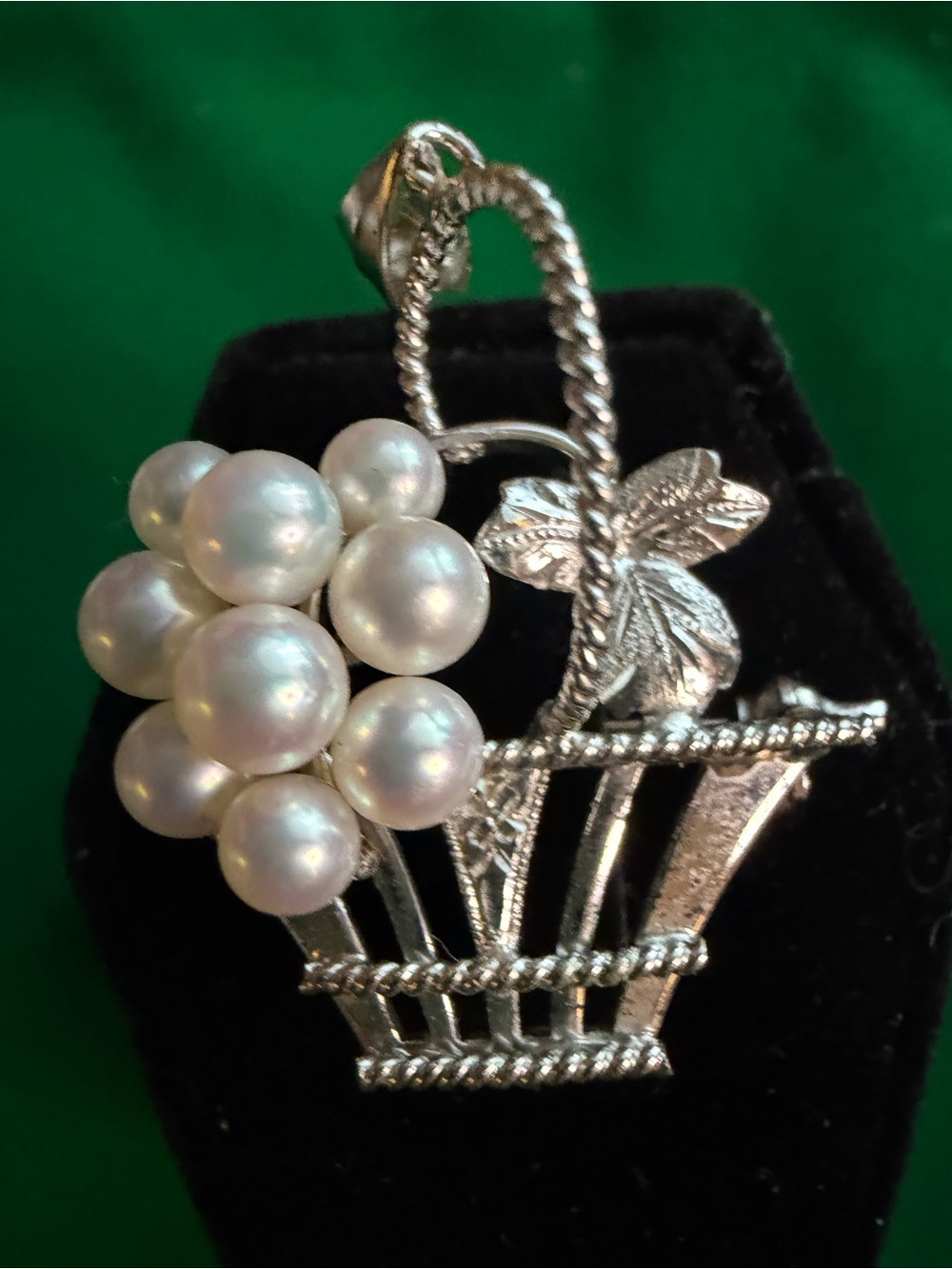 Vintage Pearl Flower Basket Brooch Marked Silver Convertible Pin